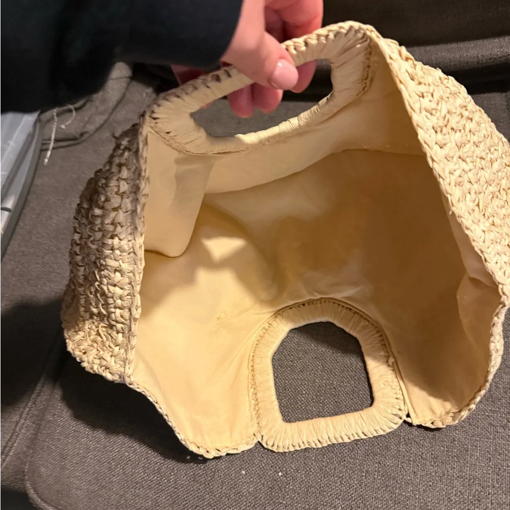 Woven Straw Half-Moon Tote Bag in Cream
